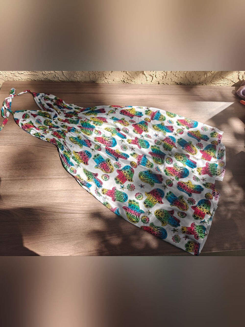 100% Rayon Multicolor Hamsa Print Summer Dress - White